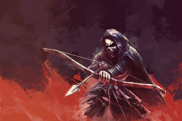 a skeleton (grim reaper) in a hood with a bow and an arrow - color painting © Roman