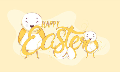 Happy Easter Font with Chick Birds and Egg on Light Yellow Background.