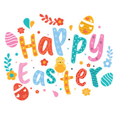 Creative Happy Easter Text with Chick Bird, Printed Eggs and Flowers Decorated on White Background.