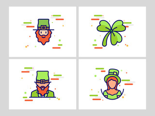 Cartoon Man and Woman wearing Leprechaun Hat with Shamrock Leaf on Abstract Background in Four Option.