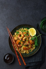fried rice and prawn in  bowl