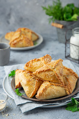 Fresh baked homemade pasties with meat and vegetables