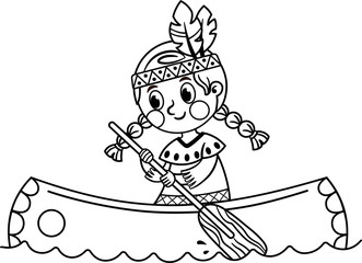Vector Illustration of an Indian Girl with Canoe. Black and White.