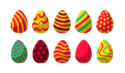 Collection of flat colorful ornamental decorated Easter eggs isolated on white background. For party holiday cards, advertisement, banners, posters, gift tags etc. Vector illustration.