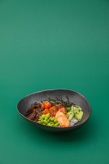 Salmon Sashimi with Rice and Vegetable on green background