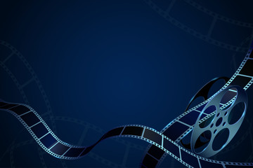 Film reel with film strips in waveform. Modern cinema background. Design template can be used for advertising, backdrop, brochure, ticket, publication, poster. Cinematography concept of film industry.