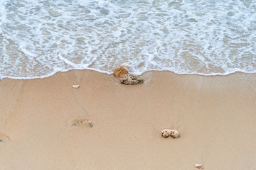 Top view Soft wave from sea come to wet sand beach background. With copy space for text or design