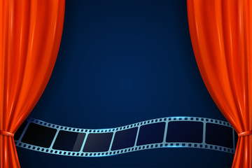 Realistic red curtains with film reel on theater stage. Cinema movie background. Open curtains as template movie presentation, advertising or film award announcement.Premiere festival or event design.