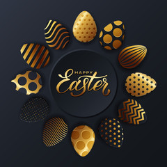 Gold eggs, Happy easter. Background of golden and black egg with dot patterns, spiral and lines pattern on a dark background for design cards, posters, invitations for Easter.