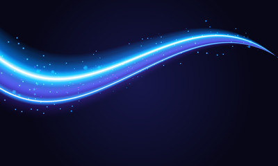 Fototapeta na wymiar Blue swoosh neon wave over dark background. Shimmering waves with light effect and star dust trail. Blue swoosh design for web and print.
