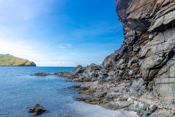 Fototapeta na wymiar Beautiful rock formation at Anawangin Cove beach in Zambales