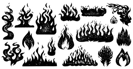 Set of flame and fire in vintage style. Hand drawn engraved monochrome bonfire sketch. Vector illustration for posters, banners and logo.
