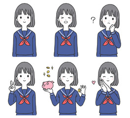 女子学生の表情とポーズのセット