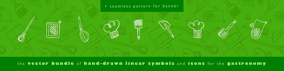Bakery vector symbol with gastronomic seamless pattern. Doodle background for restaurant branding. Hand-drawn illustrations of bakehouse. Linear icons for emblem of cooking class. Cooking food pattern