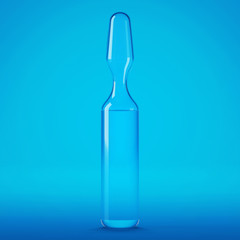 Transparent glass ampoule. Ampoule with medicine on a blue background. 3D rendering.