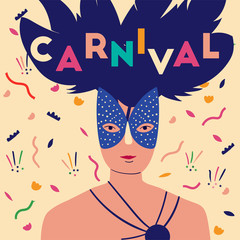 Postcard with man in carnival mask. Card for carnival in Brazil. Abstract memphis background. Concept of festival, party. Design element for banner, poster, card. Flat vector illustration