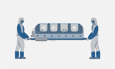 Two medics carry an insulating box with an infected patient. Virus 2019-nCoV. Transportation contaminated with biological threat. Vector illustration isolated on white background.