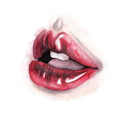 Watercolor lips. Watercolor fashion illustration on white isolated background