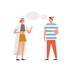 Trendy couple communication with speech bubbles vector flat illustration. Cartoon man and woman discussing isolated on white background. Two stylish people character conversation together
