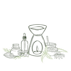 Aromatherapy. Aroma lamp and essential oils. Vector sketch  illustration.