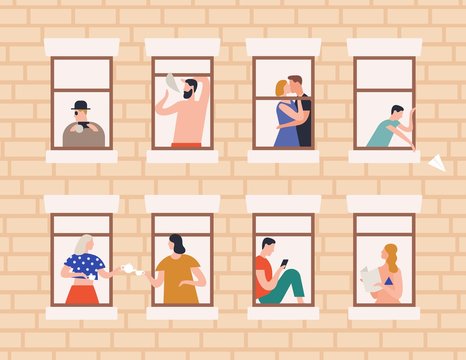 Neighbors And Neighborhood Concept Vector Flat Illustration. Cartoon People Living In House With Open Window Frames. Building Exterior Or Facade With Man, Woman And Children Inside Apartments