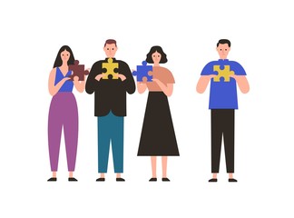 Cartoon people holding jigsaw puzzle pieces vector flat illustration. Male standing alone have no contact with team isolated on white. Concept of problem in relationship and connection at group