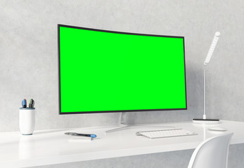 Curved monitor on white desktop concrete interior mockup 3D rendering