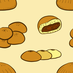 Seamless pattern of sketched Anpan bread