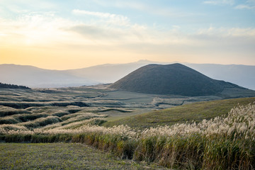 Komezuka of Mount Aso (Aso-san), the largest active volcano in Japan stands in Aso Kuju National Park, Aso (Aso-shi), Kyushu Region,Kumamoto Prefecture, Japan (photo grain some noise for film colour)