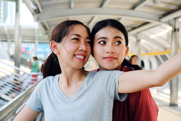 Young woman sport smile portrait and selfie photo relaxation on walking street.