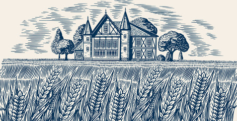 Brewery on the background of wheat and barley. Scenic view of Rural landscape, village field and hill, retro wooden building. Hand drawn monochrome vintage sketch for beer or alcoholic beverage label © artbalitskiy