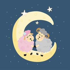 Cute vector illustration with lambs on the moon for decorative use.