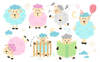 Set of ready-made vector illustrations with funny sheeps for decorative use or patterns.