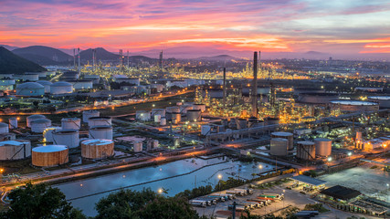 Oil Refinery with colourful sunrise sky in Chonburi, Thailand