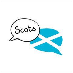 The Scottish language. Vector illustration of two doodle speech bubbles with a national flag of Scotland and hand writing. Foreign language course, school or travel agency design.