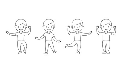 Happy little boy dancing. Character different poses. Vector clipart diverse set isolated on white background. Coloring book