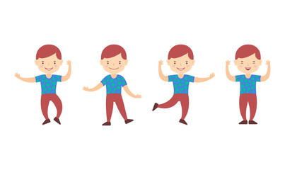 Happy little boy dancing. Character different poses. Vector clipart diverse set isolated on white background
