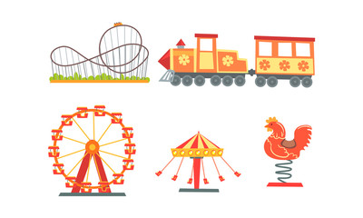 Amusement Park Attractions Collection, Funfair, Carnival, Circus Design Elements with Carousels, Roller Coaster, Train Vector Illustration