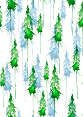 Watercolor art illustration. Drawing of the green forest, pine tree, spruce, cedar. Dark, dense forest, suburban landscape. Postcard, logo, card. Misty forest, haze. Winter background with a fores