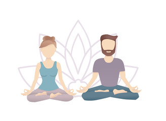 Vector illustration of a meditating couple with a Lotus flower background. Young adult man and woman practising meditation together. Yoga flyer, poster, card design.