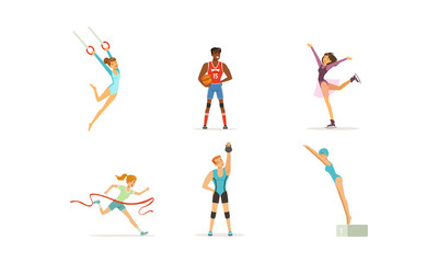 Fototapeta na wymiar People Doing Different Kind of Sports Set, Male and Female Professional Athletes Characters Running, Figure Skating, Playing Baseball, Swimming, Lifting Kettlebell Vector Illustration