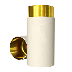 Kraft paper cardboard tube package with gold part mock up. 3d render isolated on white background.