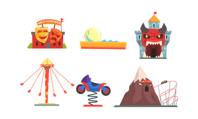 Amusement Park with Family Attractions Collection, Funfair, Carnival, Circus Design Elements Vector Illustration