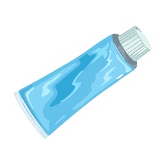 Blue tube closed by cap. Template, mockup packing for toothpaste, shaving cream, body or face lotion. Toiletry, hygiene product. Vector cartoon illustration isolated on white background.