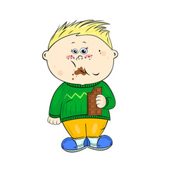 Cute cartoon baby boy eats chocolate. Beautiful illustration with children for your design.