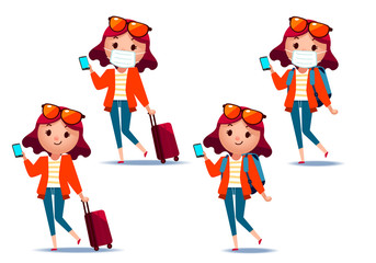 Vector set of cute women tourist characters using smartphone and carrying luggage and backpack 
