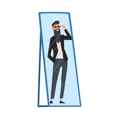 Reflection of Successful Hipster Man in the Mirror, Alter Ego Concept Vector Illustration