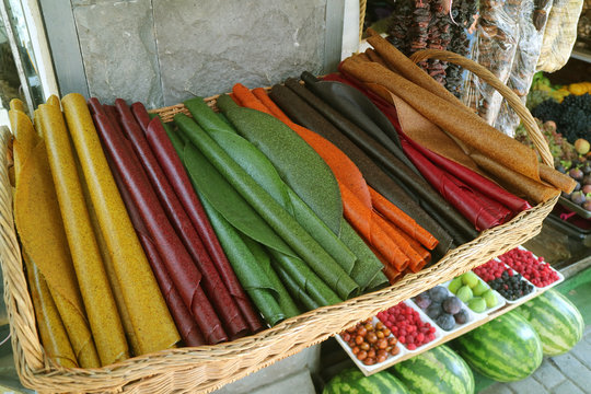 Basket of Traditional Georgian Sun-dried Pureed Fruit Sheets Called Tklapi