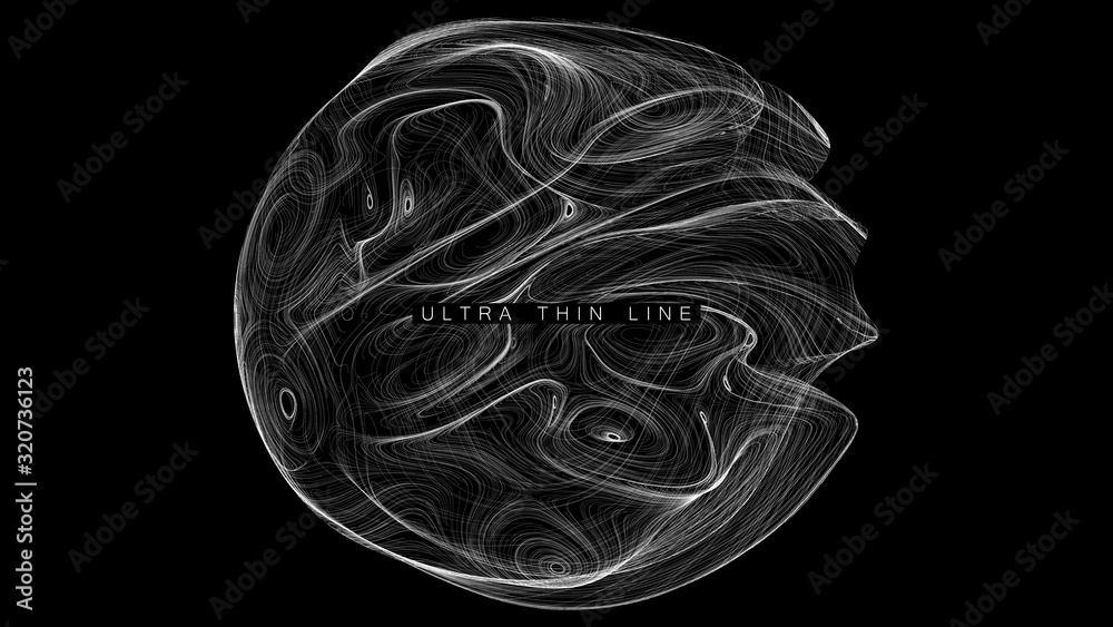 Poster ultra thin line fluid geometry. dynamic vector distorted spheres. digital fractal 3d swirl. futurist