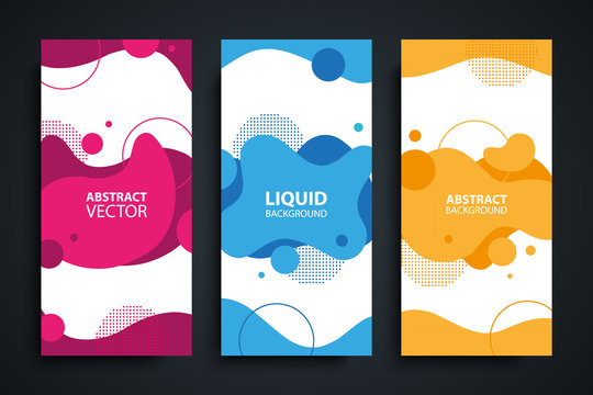 Flyers set with abstract modern liquid forms and shapes, circles and dotted patterns. Fluid flat color design elements collection. Vector illustration.